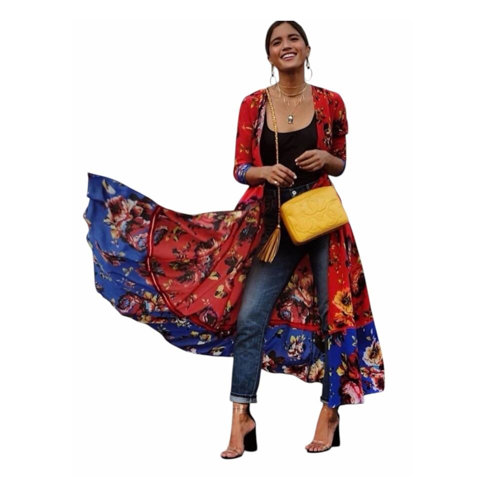 We Are Leone Silk Maxi Dress Duster Red Floral Peony Contrast NWT S/M Boho